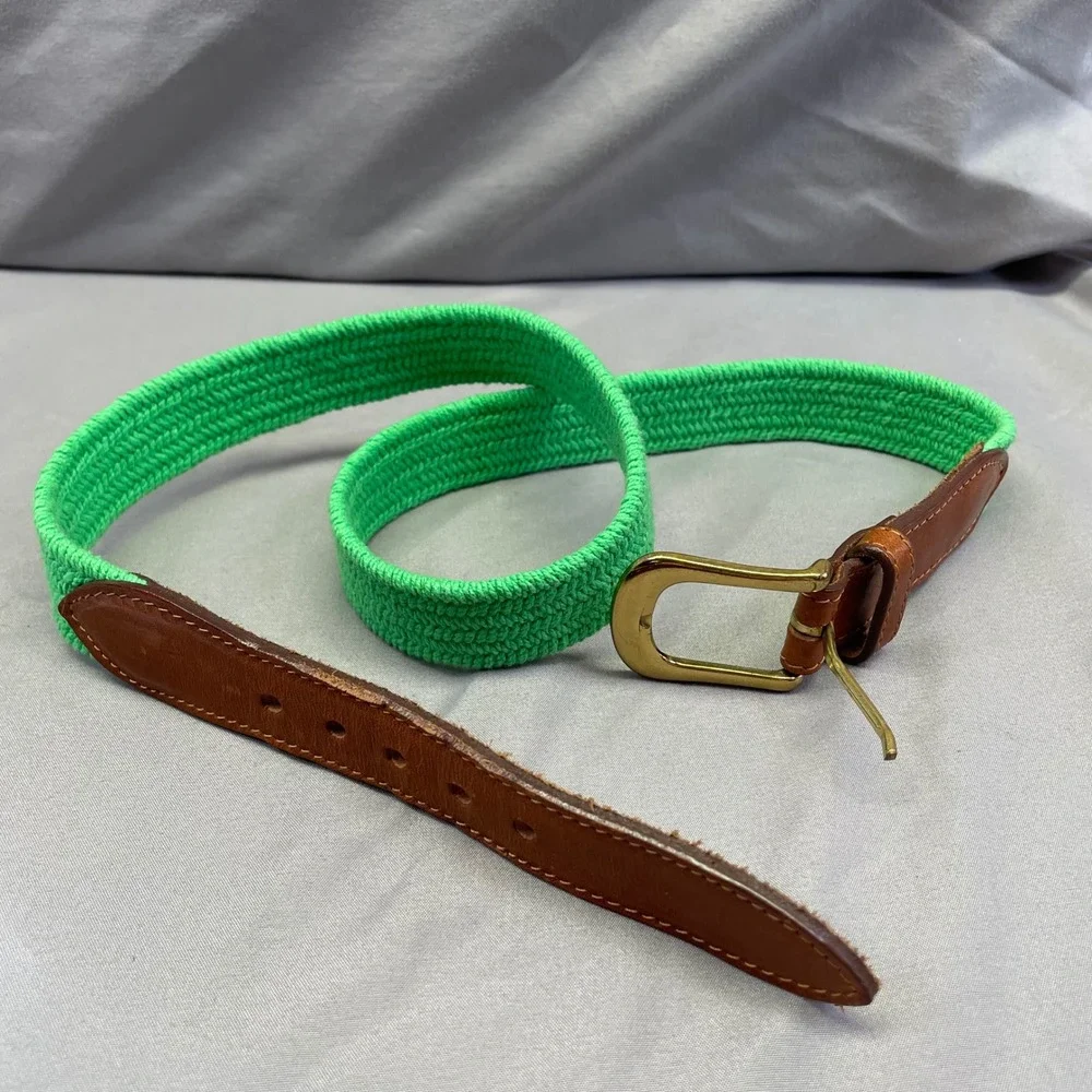 Vintage‎ Kelly Green Woven Belt Mens Womens Large Leather Trim Brass Buckle USA